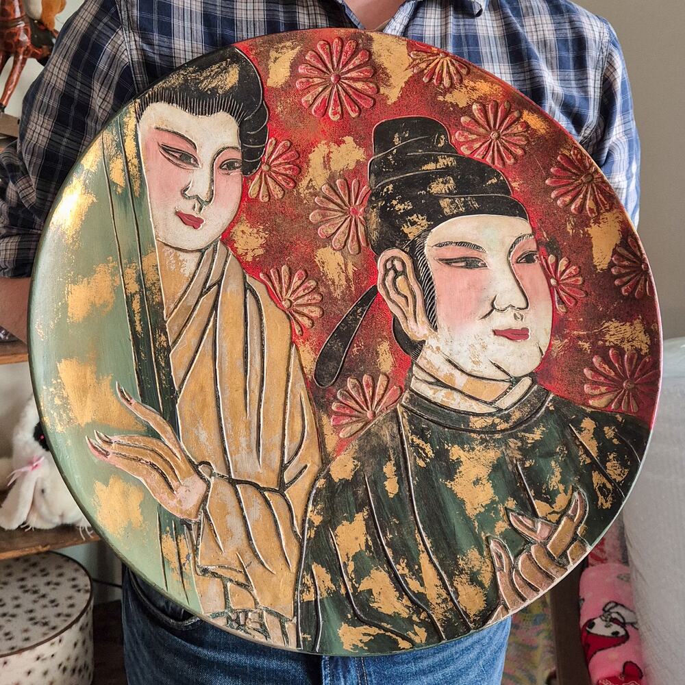 Large Chinoiserie Gilt Decorative Wall Plate Red Gold East Asian Figures 18.5in